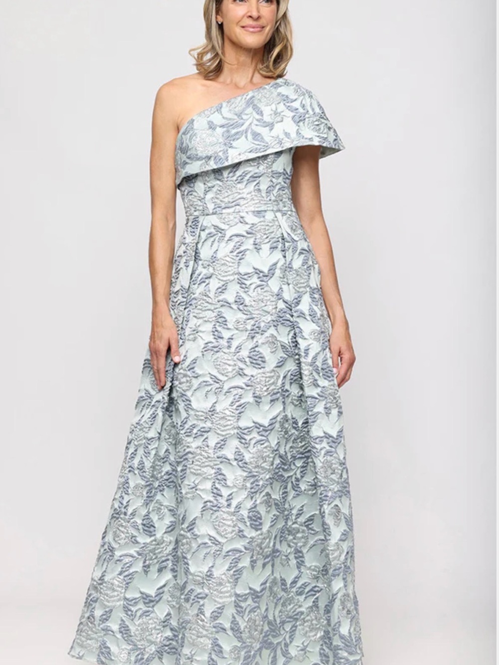 One-Shoulder Floral Jacquard Gown in Sage Multi